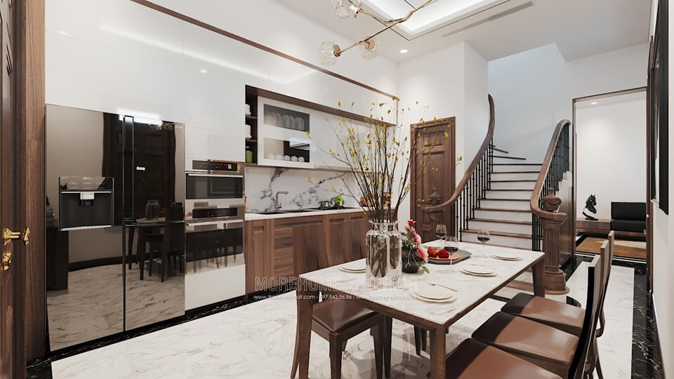 Thiết kế phòng ăn liền bếp phong cách hiện đại với nội thất gỗ óc chó cao cấp mang lại không gian ấm cúng, thân thiện cho người nội trợ Thiết kế nhà bếp tiện nghi sang trọng