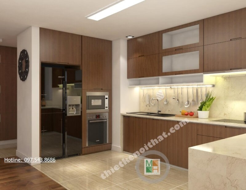 Nội thất phòng bếp hiện đại với gam màu trắng chủ đạo mang đến cảm giác gọn gàng sạch sẽ Thiết kế nhà bếp tiện nghi sang trọng