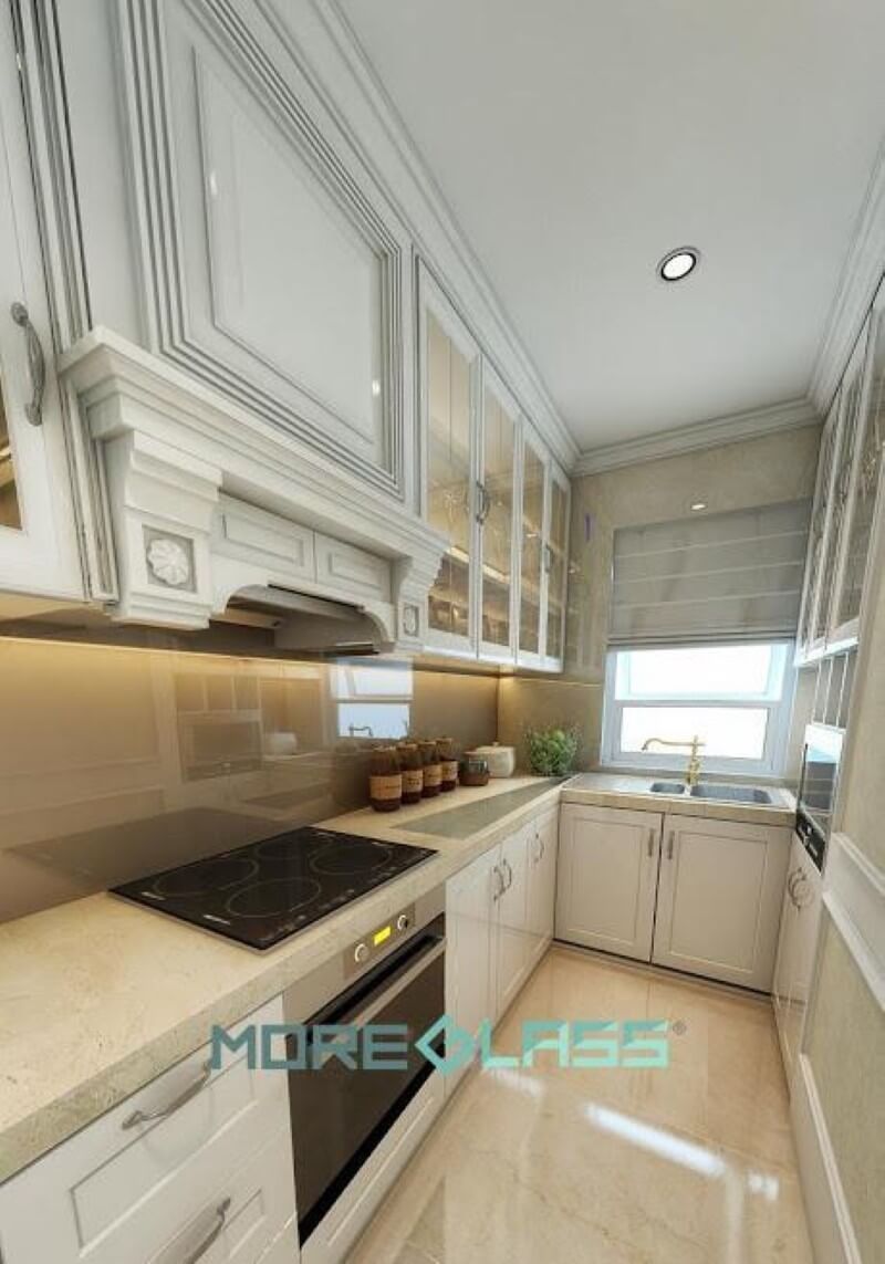 Thiết kế mẫu kính ốp bếp màu be đậm MG-020 đơn giản làm điểm nhấn cho gian bếp mang phong cách cổ điển. Thiết kế nhà bếp tiện nghi sang trọng