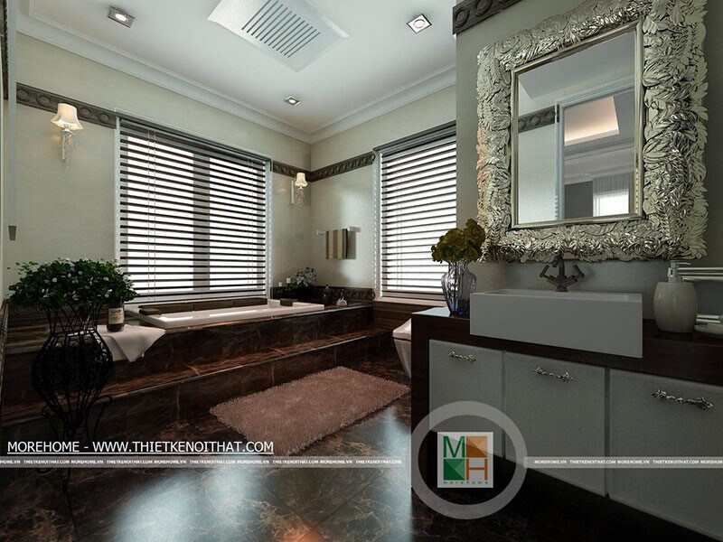 Phòng tắm với thiết kế sang trọng, thoáng mát khi sử dụng chất liệu đá, kính giúp không gian phòng rộng rãi hơn Thiết kế phòng tắm biệt thự