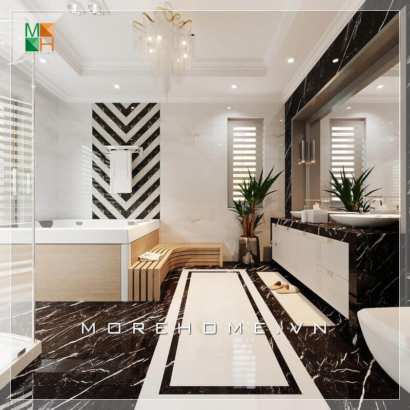 Thiết kế nội thất nhà tắm biệt thự hiện đại với việc sử dụng gương soi lớn, tạo cho không gian căn phòng tắm vừa thông thoáng lại rất sang trọng. Thiết kế phòng tắm biệt thự