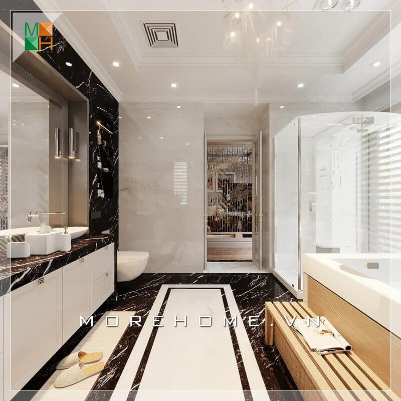 Thiết kế nội thất phòng tắm biệt thự, nhà phố sáng tạo, sử dụng gạch ốp tường và gạch lát sàn màu sắc hài hòa tạo nên một không gian phòng tắm cảm giác thêm rộng và sang trọng. Thiết kế phòng tắm biệt thự