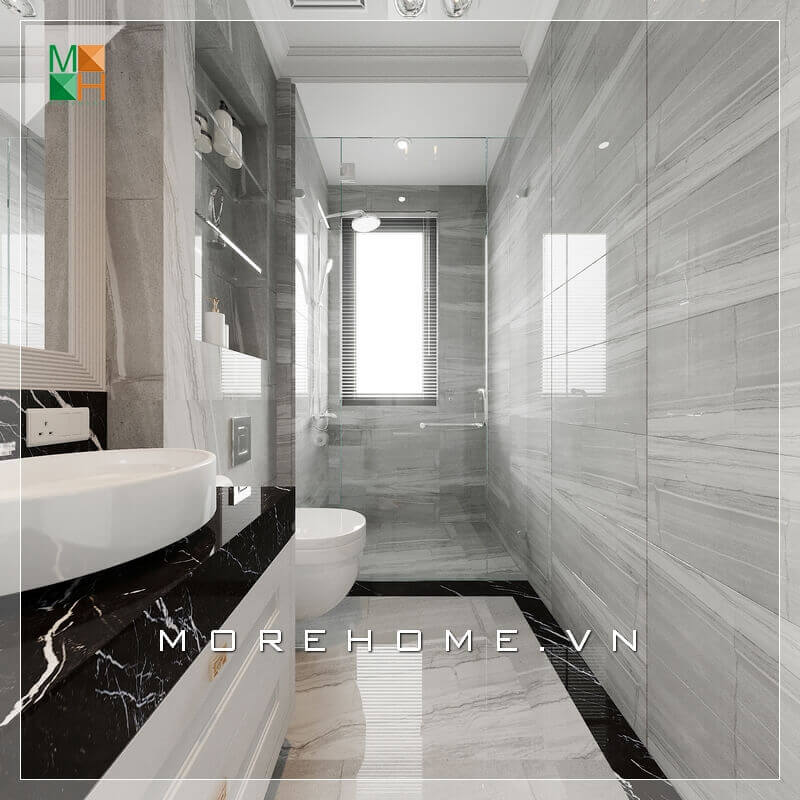 Sử dụng gạch ốp tường tráng men tăng thêm độ thông thoáng cho căn phòng và cảm giác rộng rãi hơn. Thiết kế phòng tắm biệt thự