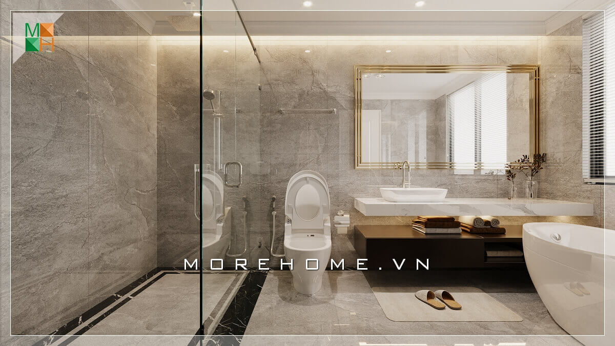 Mẫu tủ chậu rửa lavabo hiện đại với dáng vẻ thanh lịch, cao cấp cho không gian phòng tắm. Thiết kế phòng tắm biệt thự