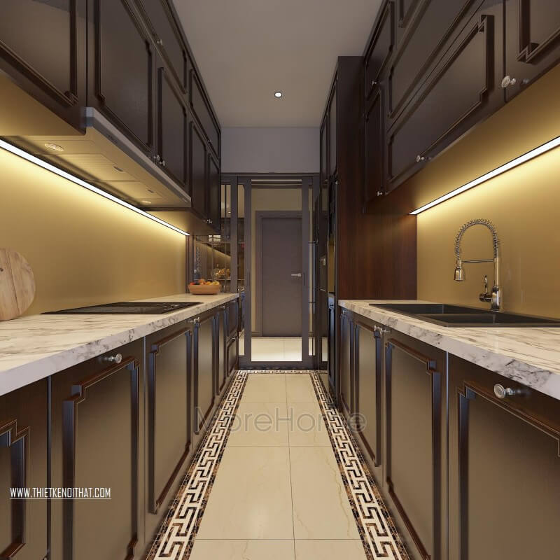 Tủ bếp gỗ việt của gia chủ được thiết kế theo hình chữ I phân chia làm hai khu vực song song nhau với công năng sử dụng khác nhau. Thiết kế tủ bếp chung cư