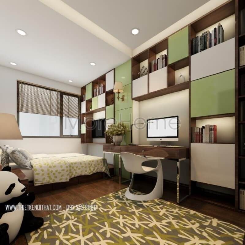 Mẫu kệ tủ gỗ công nghiệp kết hợp giữa giá sách và trưng bày đồ trang trí cho căn phòng thêm sinh động