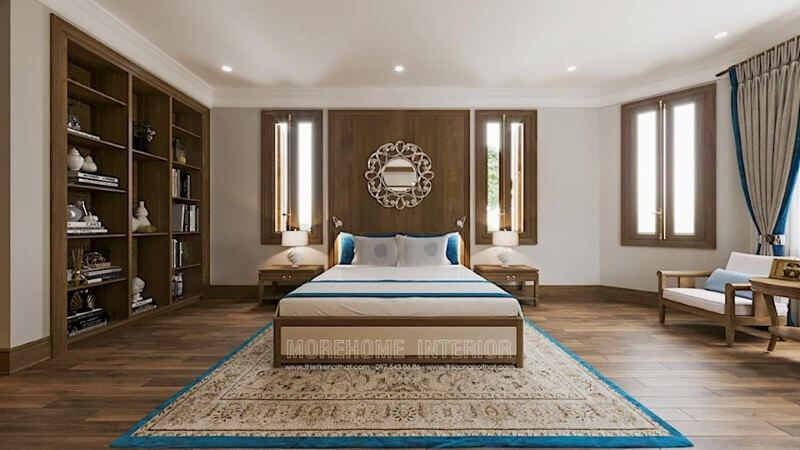 Thiết kệ tủ gỗ óc chó trang trí dạng âm tường vừa tiết kiệm được không gian còn tạo điểm nhấn cho căn phòng