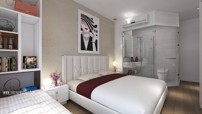 Phòng ngủ Master sang chảnh và tiện nghi nhất với gam màu trắm đỏ và màu trắng mang đến một không gian nghỉ ngơi nóng bỏng và sang chảnh