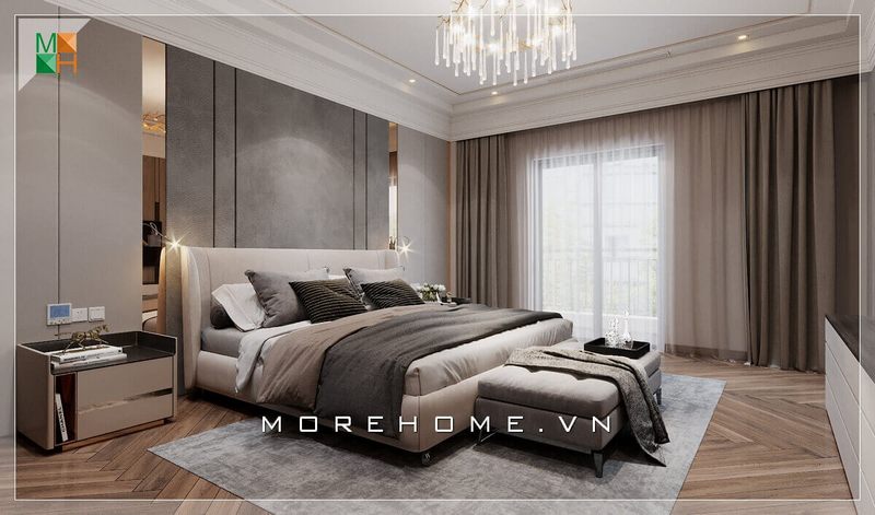 Mẫu thiết kế phòng ngủ phong cách hiện đại cho chung cư, biệt thự, nhà phố với nội thất tông màu xám mang đến sự sang trọng, cao cấp cho không gian phòng