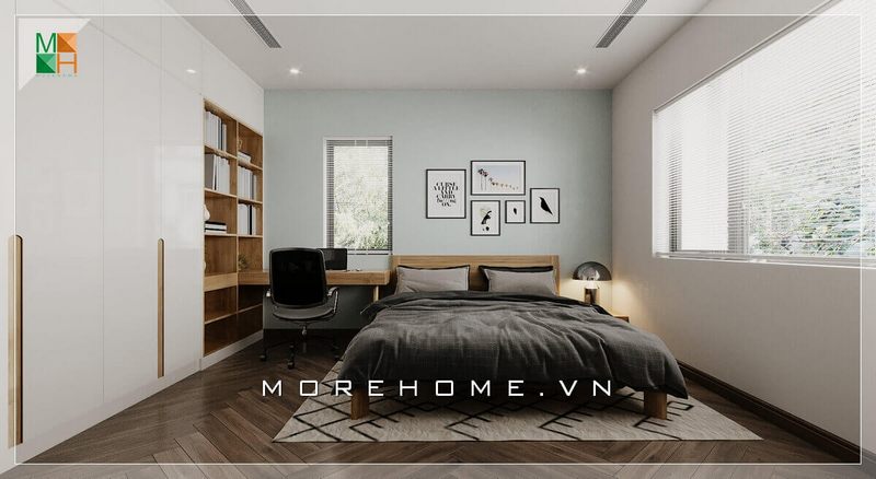 Mẫu thiết kế phòng ngủ phong cách hiện đại đơn giản cho nhà phố, với hệ thống cửa kính lớn giúp lấy ánh sáng tự nhiên và tạo cảm giác thông thoáng cho căn phòng