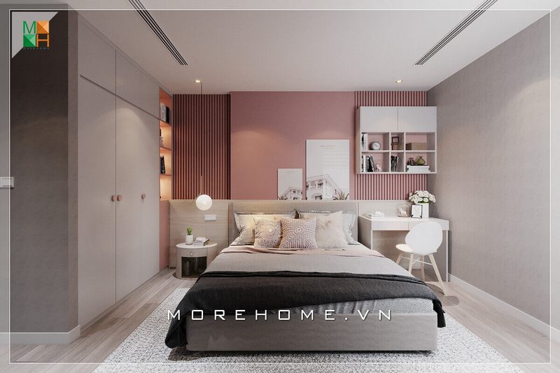 Mẫu thiết kế phòng ngủ cho chung cư, nhà phố, biệt thự với đồ nội thất gỗ công nghiệp kiểu dáng đơn giản với tông màu trắng-hồng thanh lịch