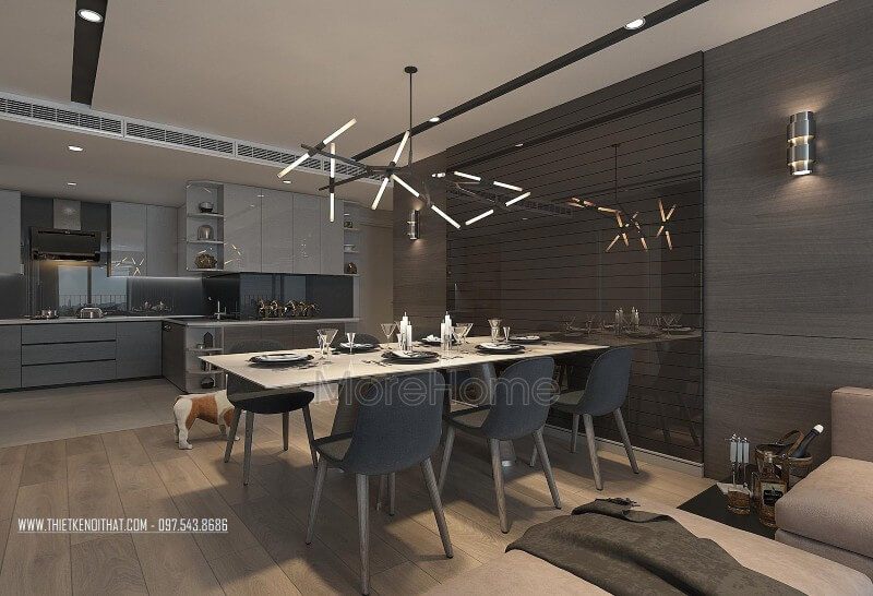 Khu vực phòng ăn được thiết kế liền kề với không gian phòng khách tạo sự liên kết cho ngôi nhà