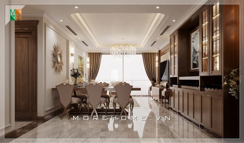 Trang trí nội thất phòng ăn đẹp và tiện nghi, chết liệu gỗ óc chó chủ đạo được gia chủ lựa chọn với gam màu nâu trầm mang lại cảm giác ấm cúng và sang trọng hơn cả