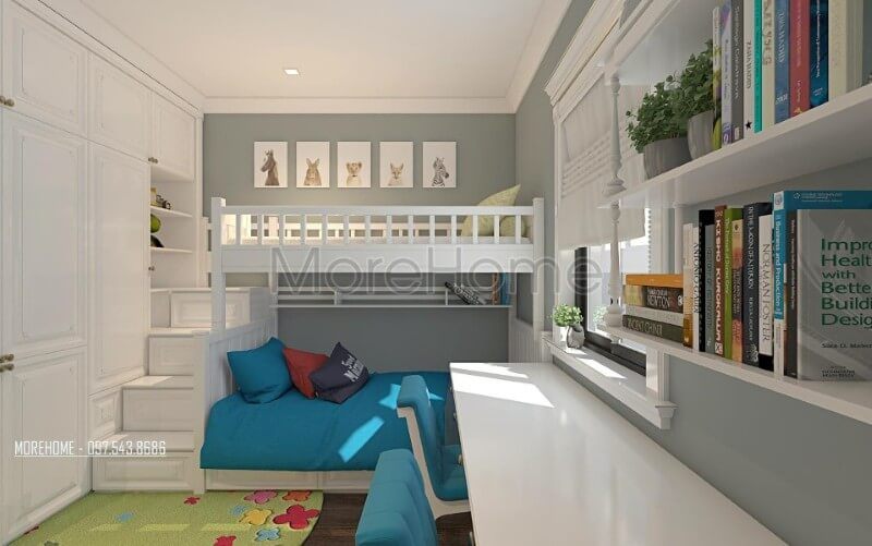 Mẫu giường tầng vừa tiết kiệm diện tích đồng thời cũng tạo nên một sức hút riêng của nó bởi công năng được đẩy lên mức tối đa.