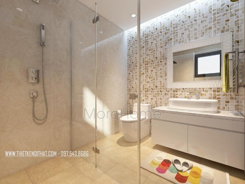 Kệ tủ lavabo hiện đại được làm với chất liệu gỗ công nghiệp nhẹ nhàng, bên dưới thiết kế nhiều ngăn giúp cho gia chủ dễ dàng lưu trữ đồ cá nhân của mình gọn gàng hơn