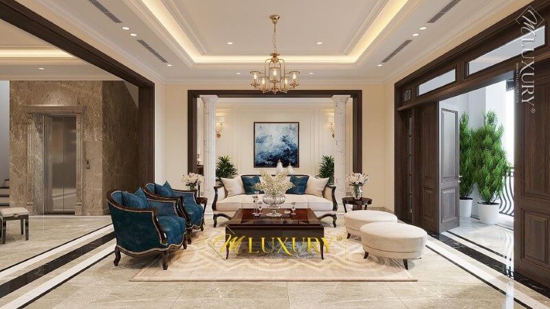 Trang trí phòng khách biệt thự tân cổ điển tại Việt Hưng, Long Biên, Hà Nội