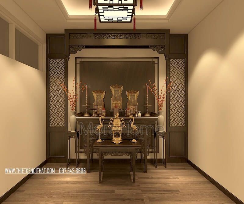 Mẫu thiết kế nội thất phòng thờ tân cổ điển tại biệt thự An Bình City với tông màu nâu sáng tinh tế.