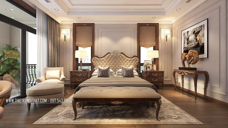 Thiết kế giường ngủ gỗ óc chó đẹp đắt tiền cho biệt thự vinhomes greenbay hà nội