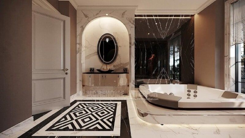 Đá ốp đẹp, sang trọng cho phòng tắm có bồn cao cấp.