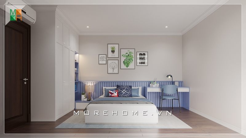 Thiết kế nội thất phòng ngủ cho bé trai phong cách hiện đại, sàn gỗ màu nâu trầm chủ đạo tạo cảm giác ấm cúng và thoải mái hơn