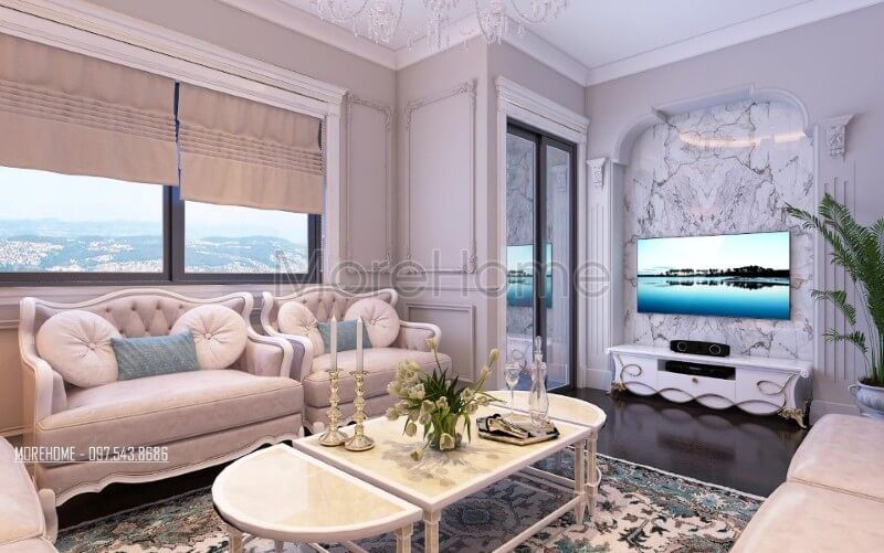 Sofa phòng khách gỗ tự nhiên có tone màu trắng chủ đạo sẽ tạo nên một không gian tiếp khách sang trọng và tinh tế.